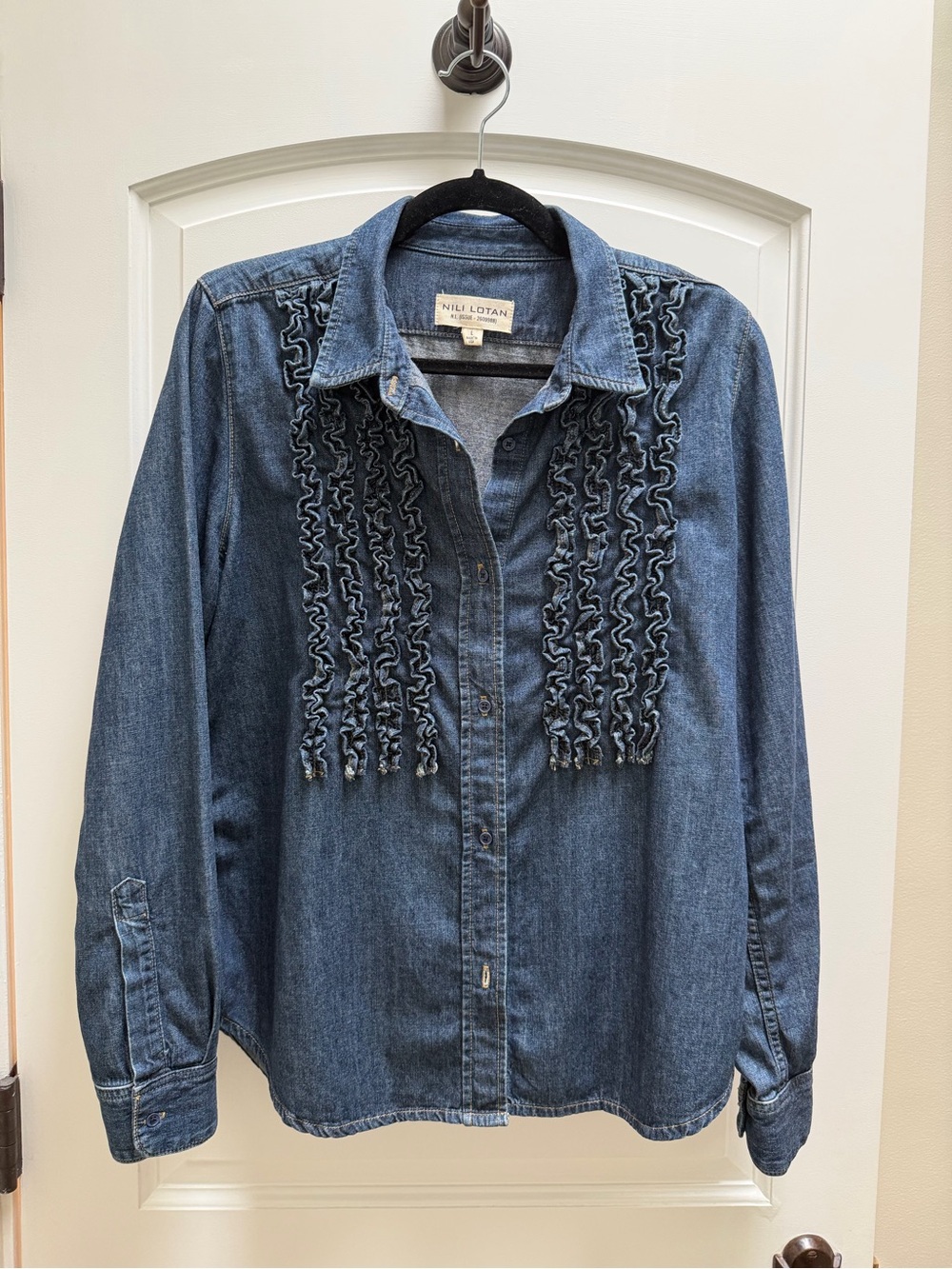 Nili Lotan Blue Denim Ruffle Front Button Down Shirt Size L